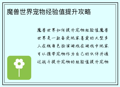 魔兽世界宠物经验值提升攻略